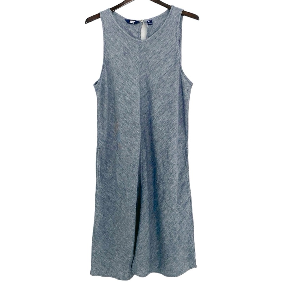 Lands End Sleeveless Knee Length Blue Linen Swing Dress